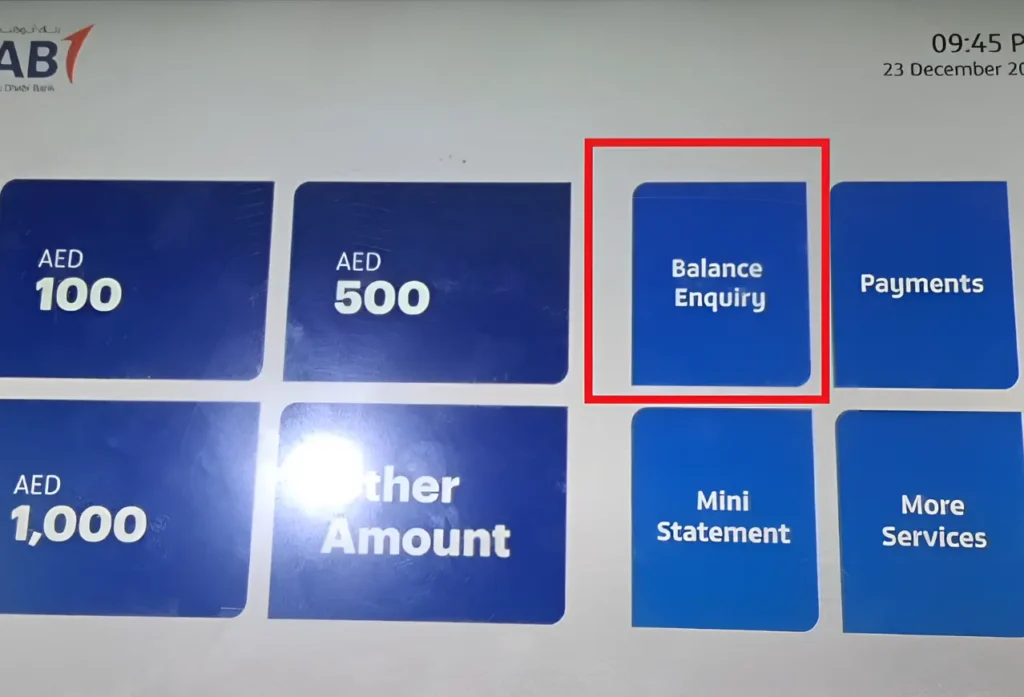 Highlighted balance enquiry option among other menu items on ATM screen