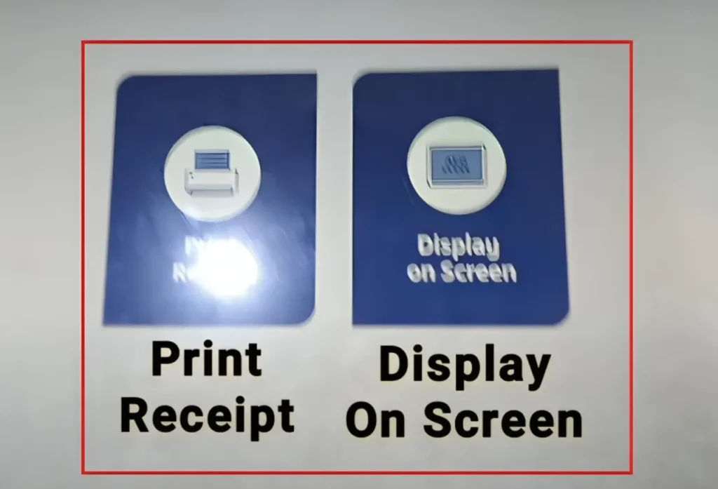 ATM screen displaying two options (Display on Screen & Print Receipt) for viewing FAB balance
