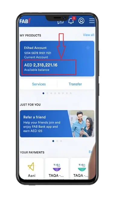 FAB Mobile App showing available balance on the screen