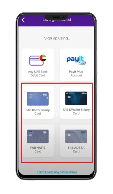 Payit sign up screen offering different options for signing in such as FAB Ratibi Salary Card, DWallet Salary Card, NAFIS Card, and ADSSA Card for UAE users.