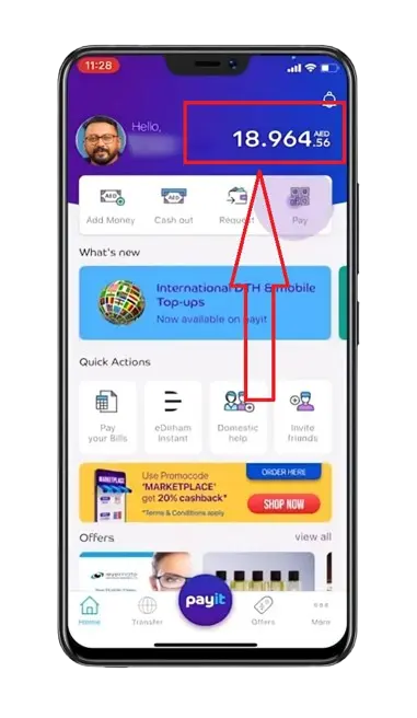 The home screen of payit app showing the FAB prepaid card balance.