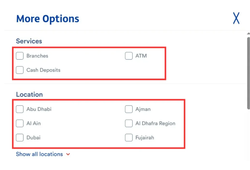 The Filter options such as location, services etc.