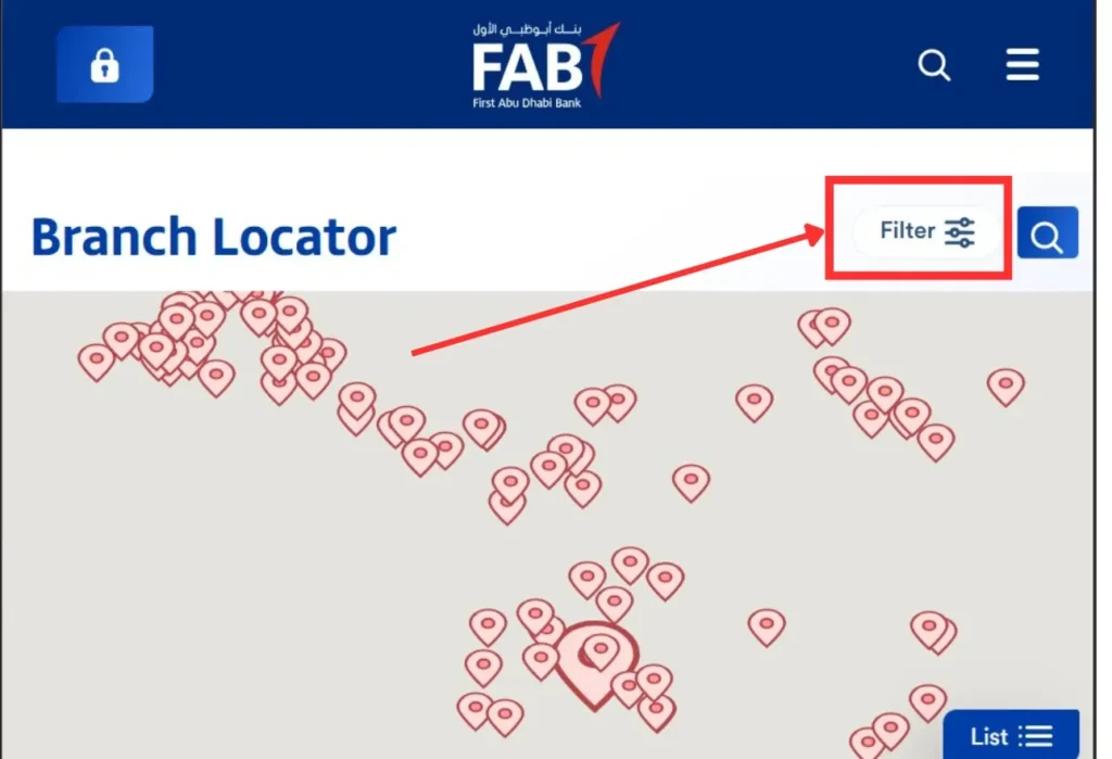 The Filter Button of FAB ATM and Branch Locator Tool