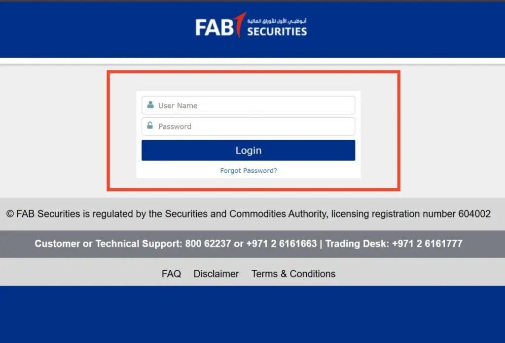 FAB Securities Login Page