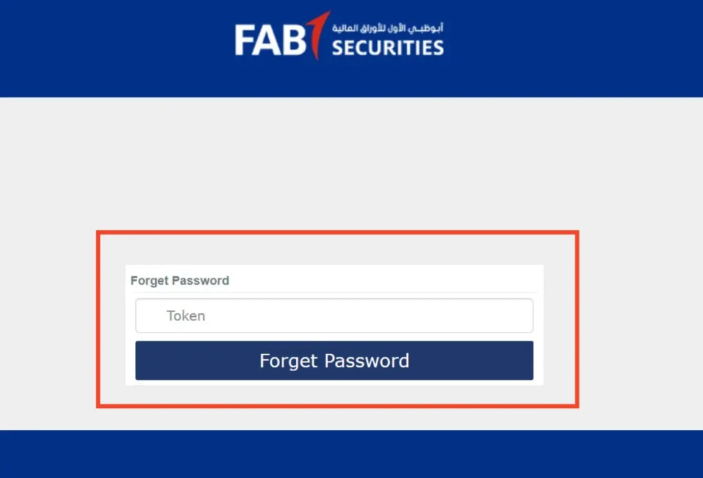 FAB Securities Forget Password process's step 2 of entering the token.