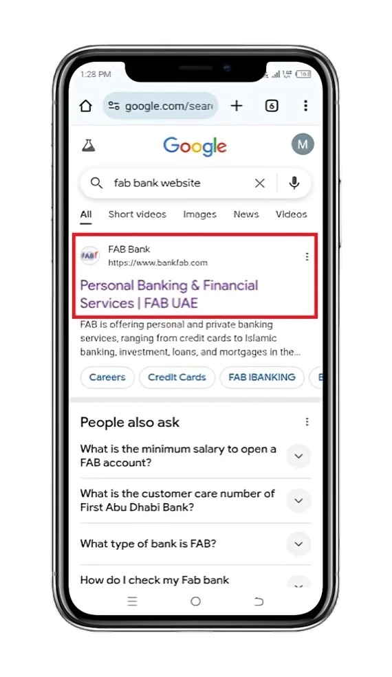FAB Online Banking website on Google search result page.