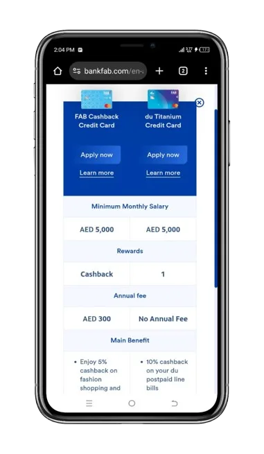 FAB Credit Card comparison page