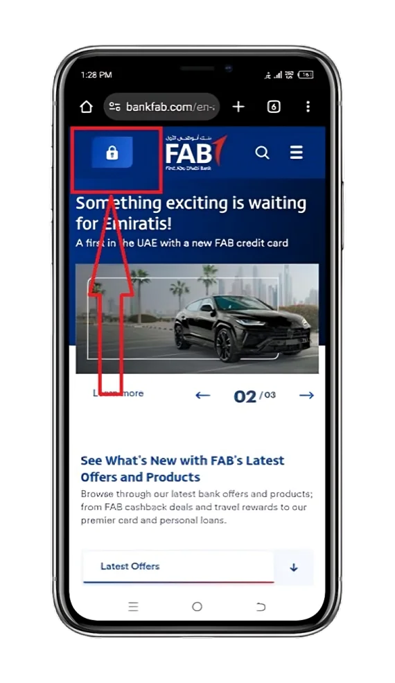 Home screen of FAB Bank website with highlighted login button at top-left corner. 