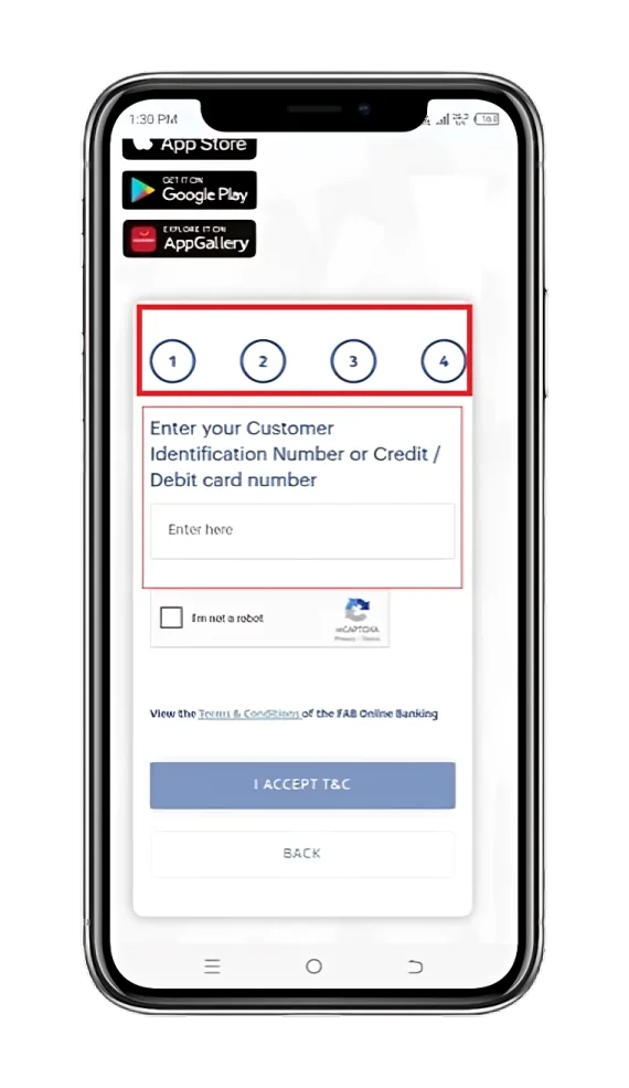 The registration page of FAB online banking.