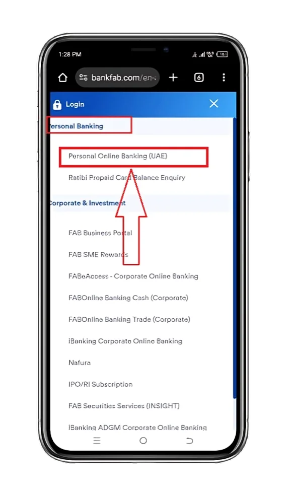 Menu of the FAB website with highlighted option of "Personal Banking"