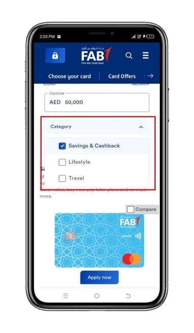 Select Your FAB Credit Card category such as Lifestyle, Travel or Savings etc.