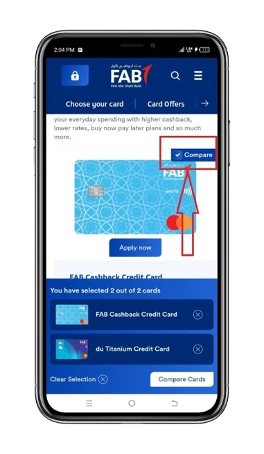 Checking the credit card comparison filter.
