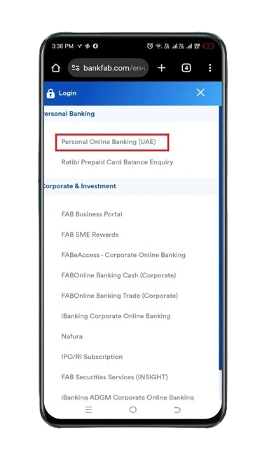 FAB online banking login menu presenting Personal Online Banking UAE option highlighted on mobile view