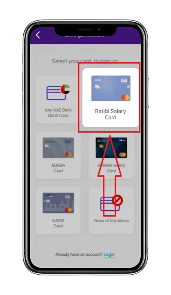 The app's card selection menu supporting different cards such as Ratibi Salary Card, ADSSA, DWALLET, etc.