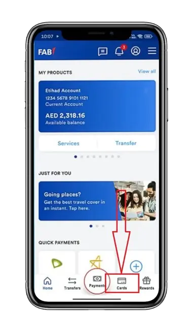 FAB Mobile Home Screen with "Cards" option to activate FAB Debit Card