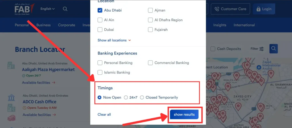 Filters offered by the branch finder tool